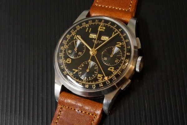 HENRI BLANC GENEVE Triple Date クロノグラフ Black gilt Near Mint!（ヘンリ　ブラン／1940ｓ)の詳細写真1枚目