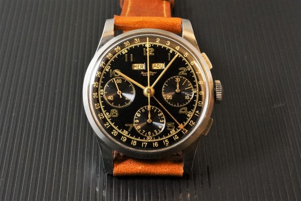HENRI BLANC GENEVE Triple Date クロノグラフ Black gilt Near Mint!（ヘンリ　ブラン／1940ｓ)の詳細写真5枚目